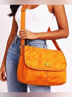 Coach Orange Signature Nylon & Leather Messenger Bag | Crossbody | Rare Color 🧡